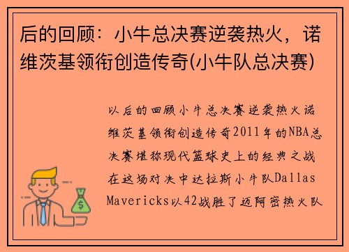 后的回顾：小牛总决赛逆袭热火，诺维茨基领衔创造传奇(小牛队总决赛)