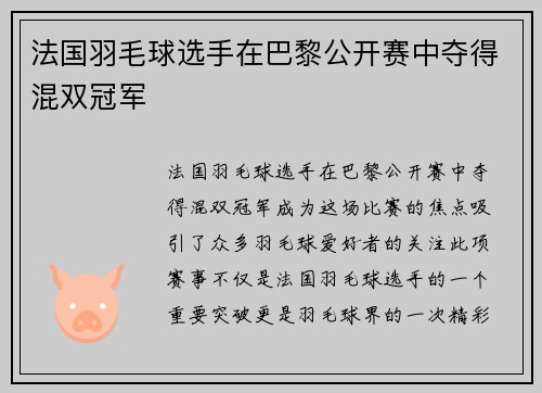 法国羽毛球选手在巴黎公开赛中夺得混双冠军
