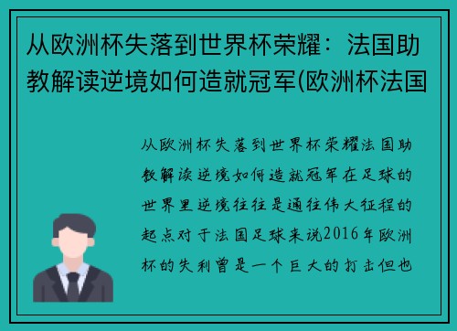 从欧洲杯失落到世界杯荣耀：法国助教解读逆境如何造就冠军(欧洲杯法国队冠军)