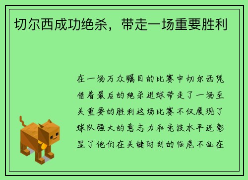 切尔西成功绝杀，带走一场重要胜利