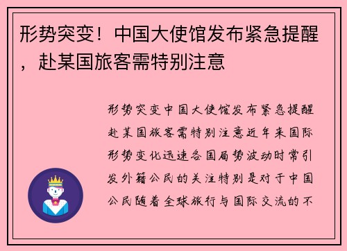 形势突变！中国大使馆发布紧急提醒，赴某国旅客需特别注意