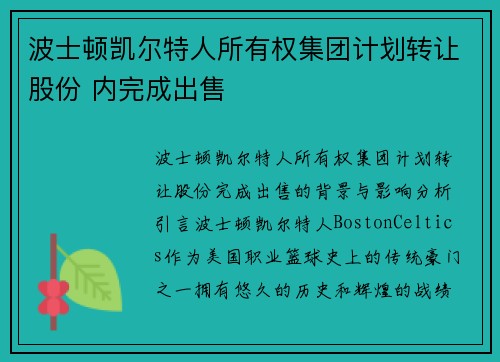 波士顿凯尔特人所有权集团计划转让股份 内完成出售