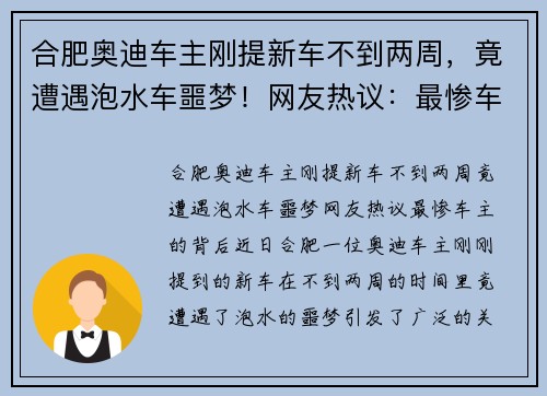 合肥奥迪车主刚提新车不到两周，竟遭遇泡水车噩梦！网友热议：最惨车主